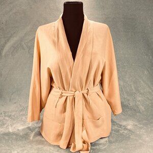 Stefanel Kimono Jacket Silk Linen Womens 12 Light Orange Tie Waist Long Sleeve